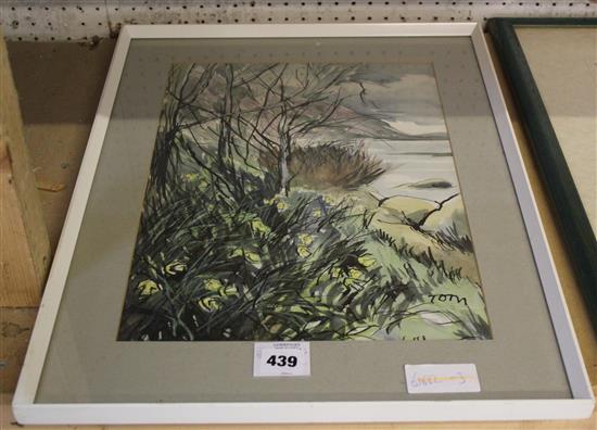 Tom Clarkson, watercolour, trees and lake(-)